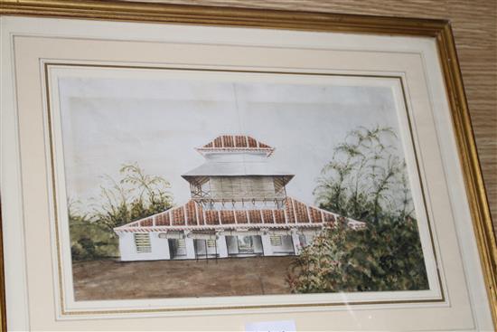 19th century English School, four watercolours, Indian study of a bungalow with annotations verso; Miss Louisa Her Picnic; Study from